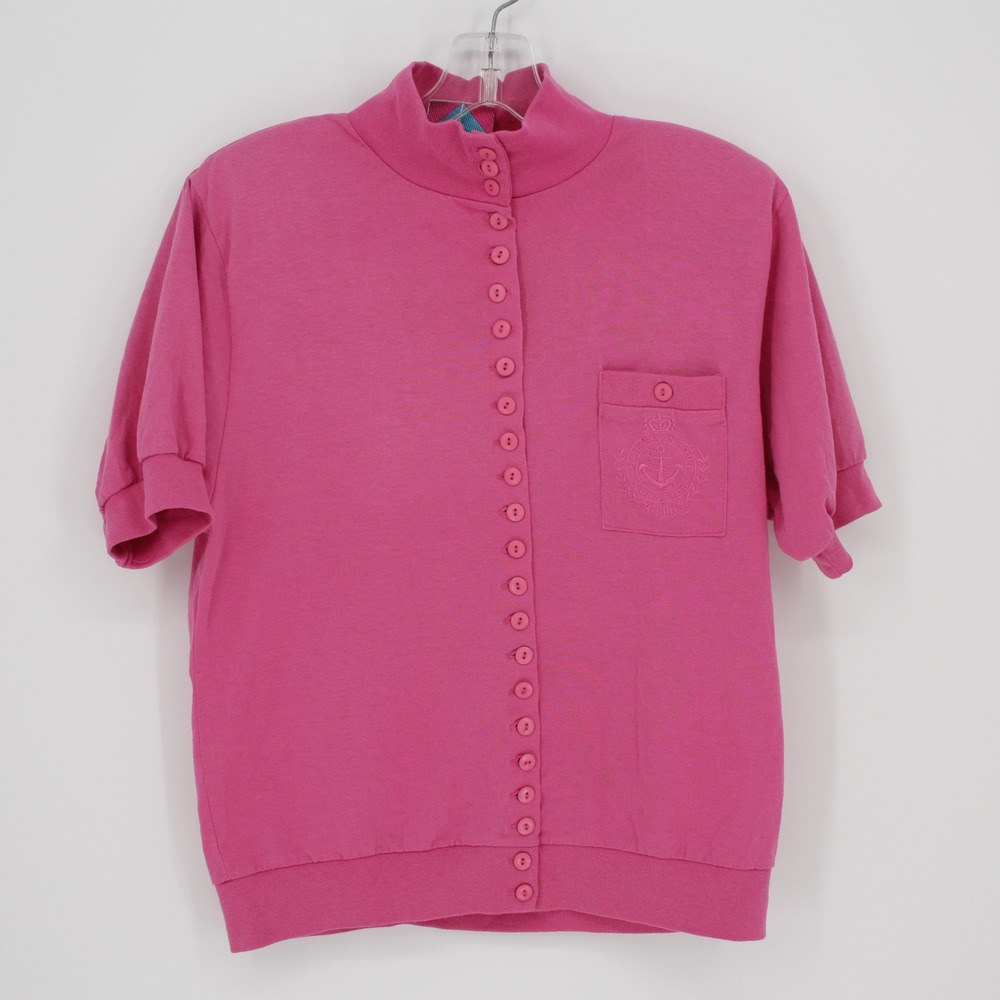 Justin Allen Vintage Women's Pink Short Sleeve Button Front Mock Neck Top Size M